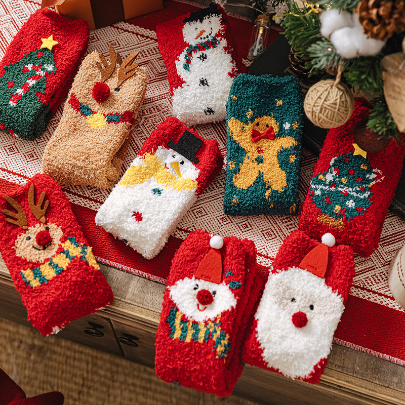 Christmas Coral Velvet Socks for Women in the Tube Warm Thickened Floor Sleep Socks This Life Year Red Socks Long Women's Socks Cartoon