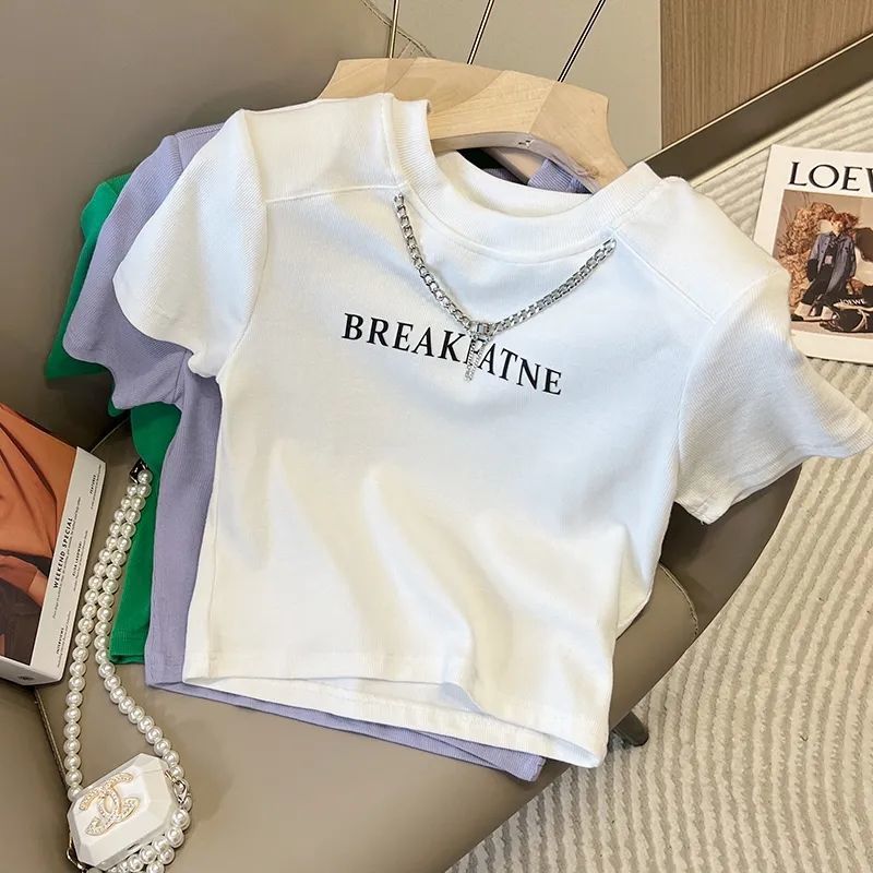European Goods Short-sleeved T-shirt with Chain Letter for Female Students Summer New Design Sense Niche Short All-match Top Trendy