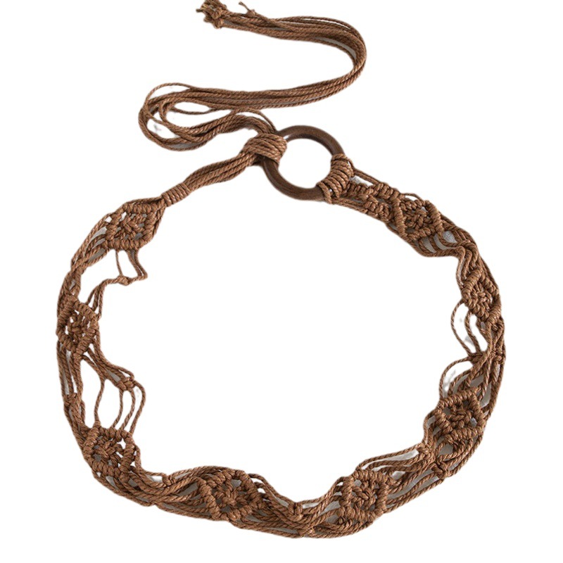 Bohemian Style Wax Rope Woven Knot Ethnic Style Handmade Wooden Beads Women's Belt Leisure Vacation Style Exquisite Waist Rope