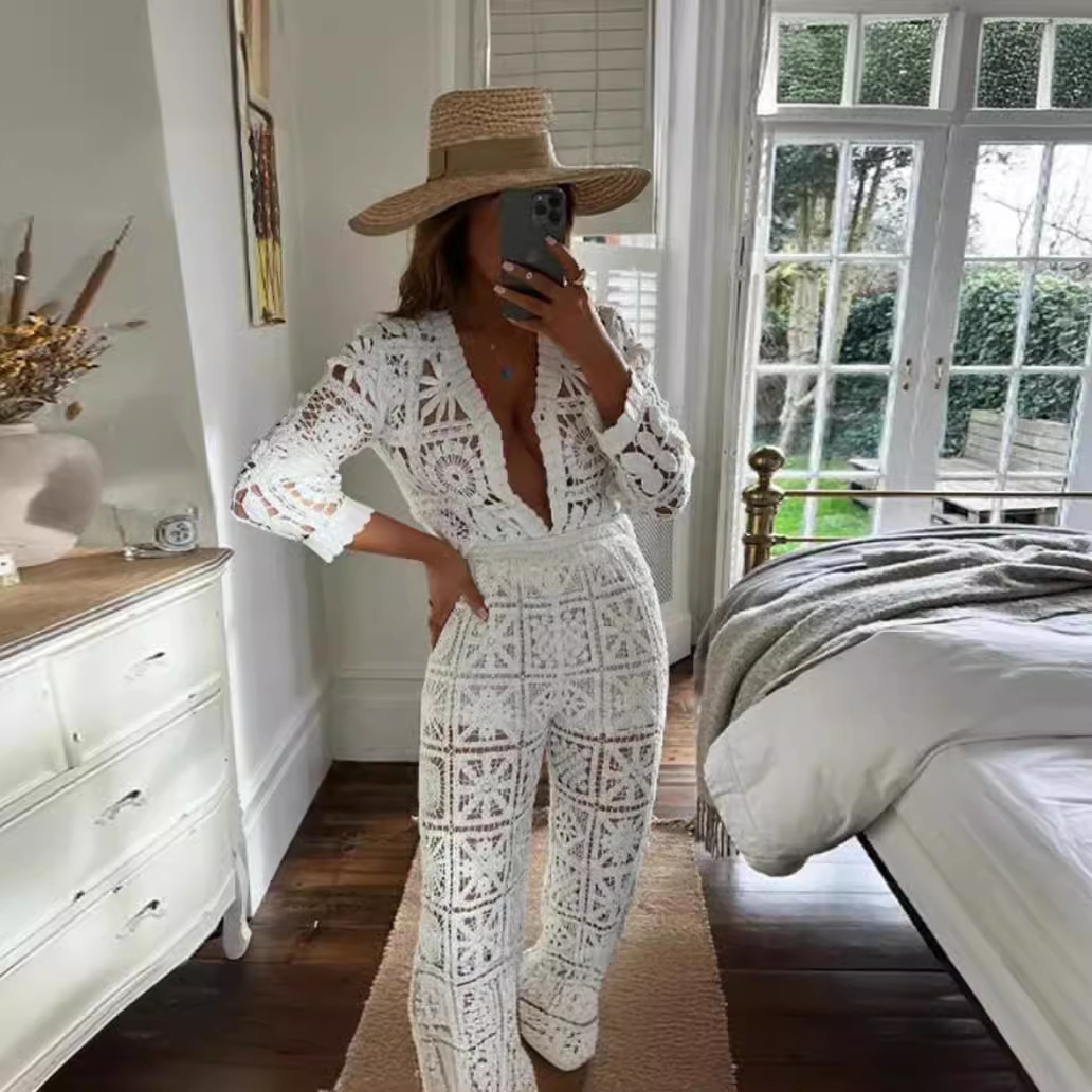 Spring 24 New Amazon Cross-border European and American Women's Hollow Beige Long Sleeve Knitted Cardigan Casual Pants Set