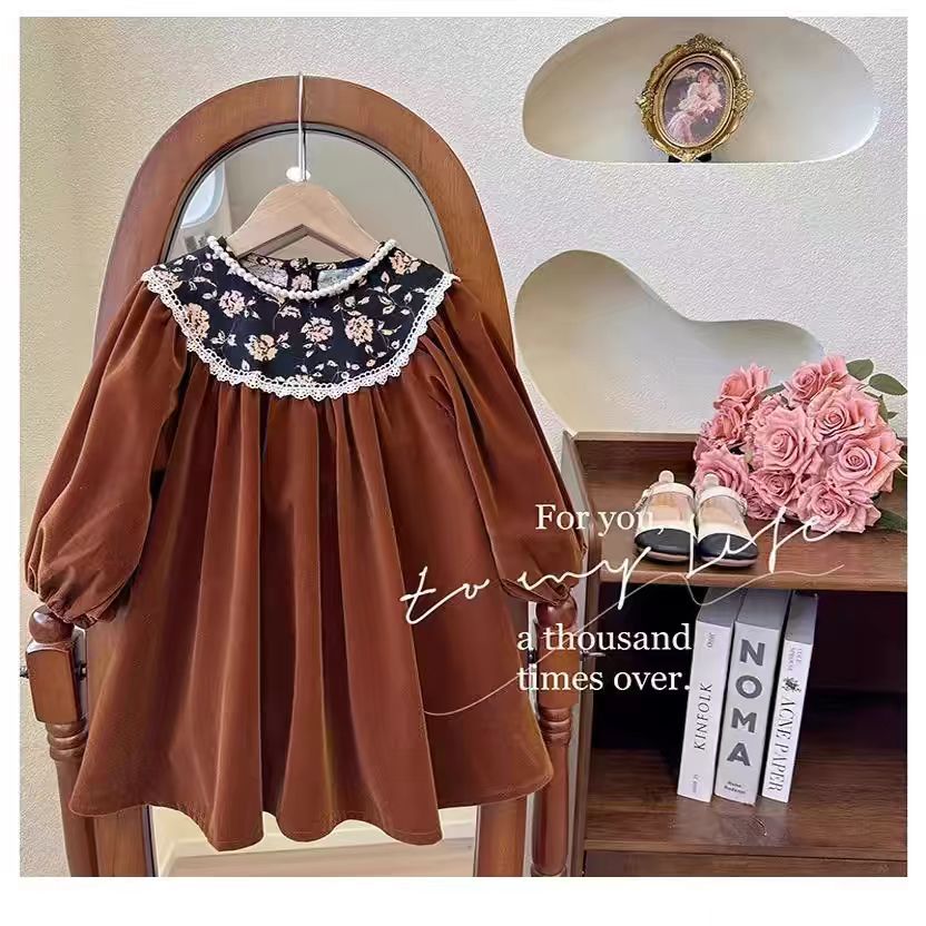 Picture of Girls' Hepburn Style dress Spring and Autumn Vintage Velvet Princess Dress Children's Korean Long Sleeve Floral Skirt