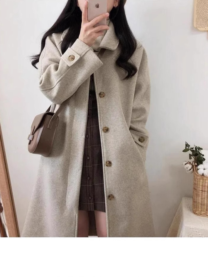 Student Woolen Coat Women's Mid-length 2024 Autumn and Winter New Korean Style Loose Slimming Fashionable Over-the-knee Woolen Coat
