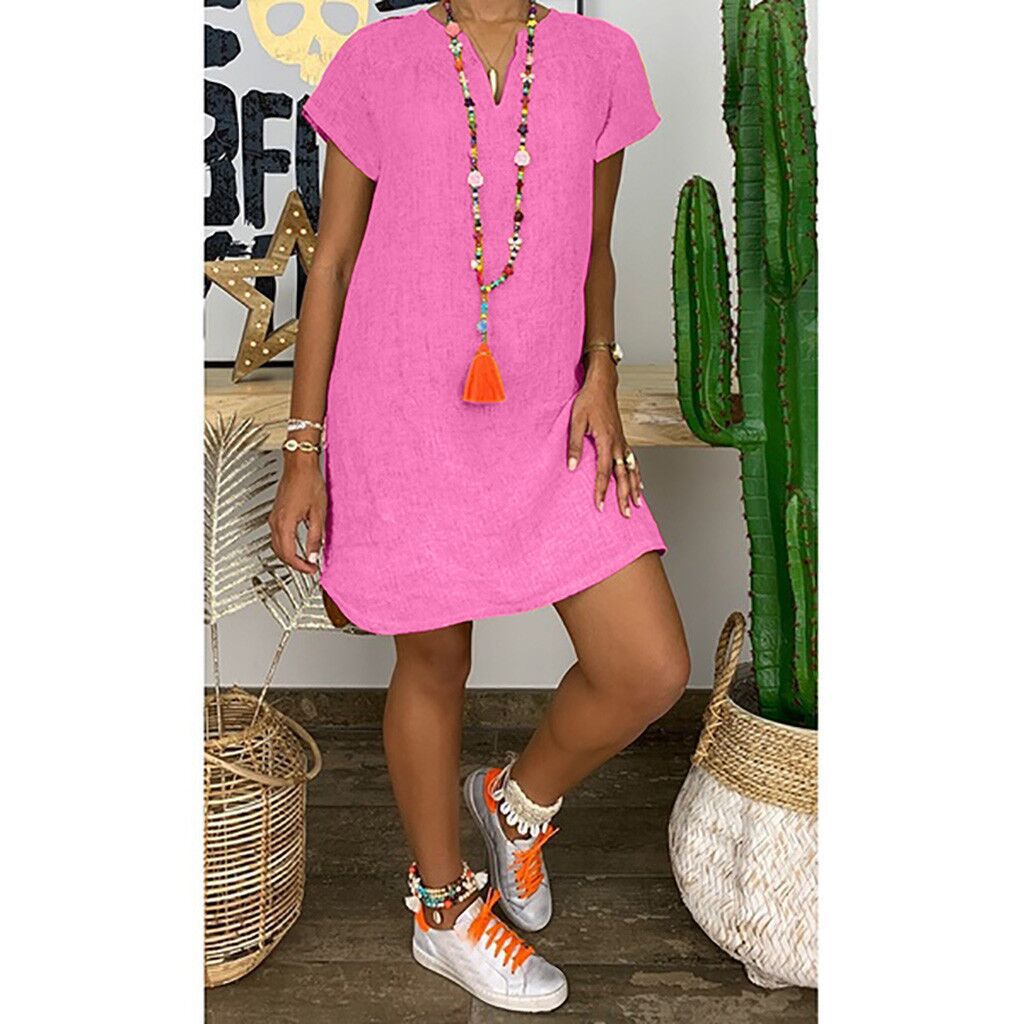 Picture of 2023 New Amazon WISH Hot Spring Summer Loose Skirt Short Sleeve V-Neck Solid Color Woven dress