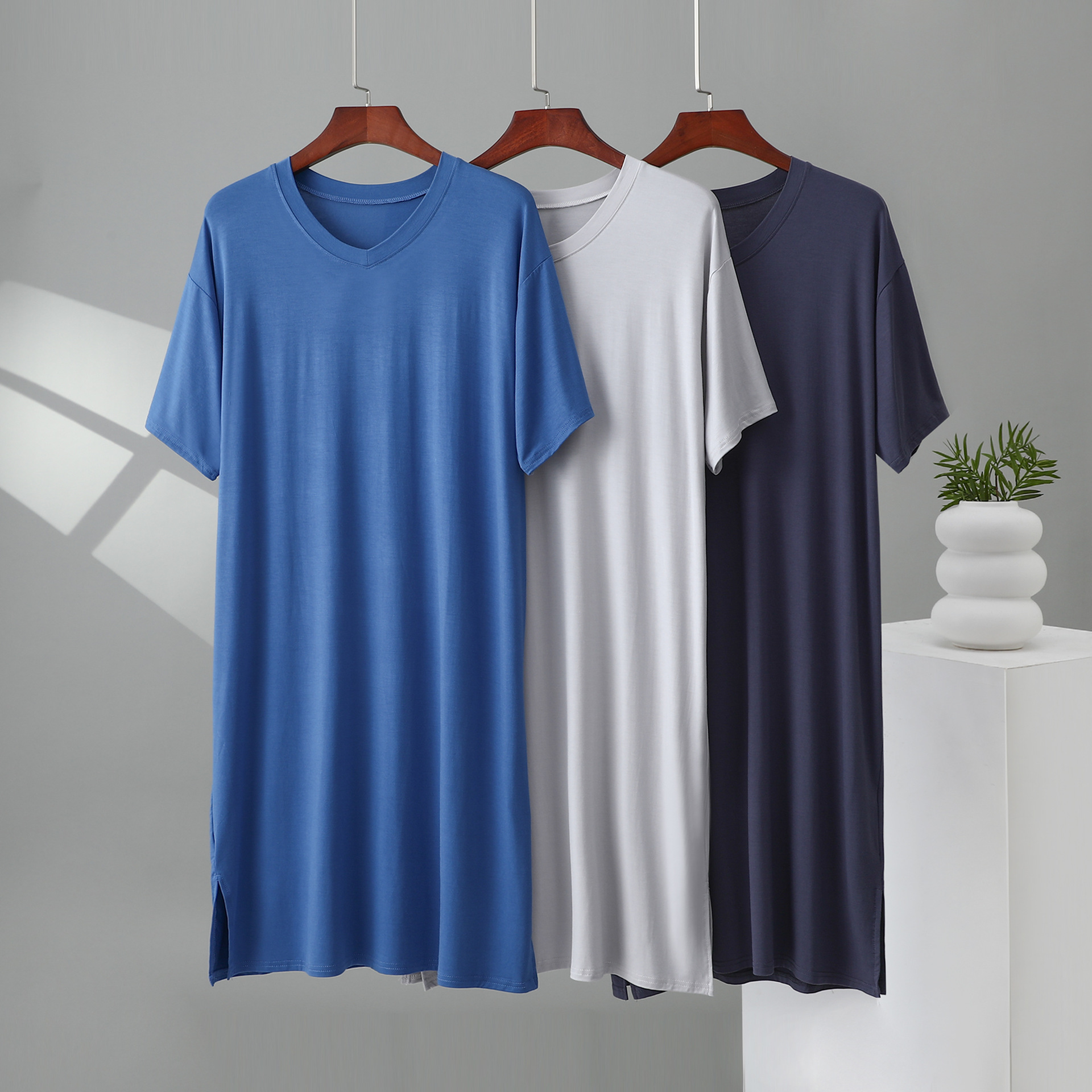 Men's Short-Sleeved Nightgown Spring and Summer 2025 New Youth Pajamas Modal Mid-Length Bathrobe Postoperative Care