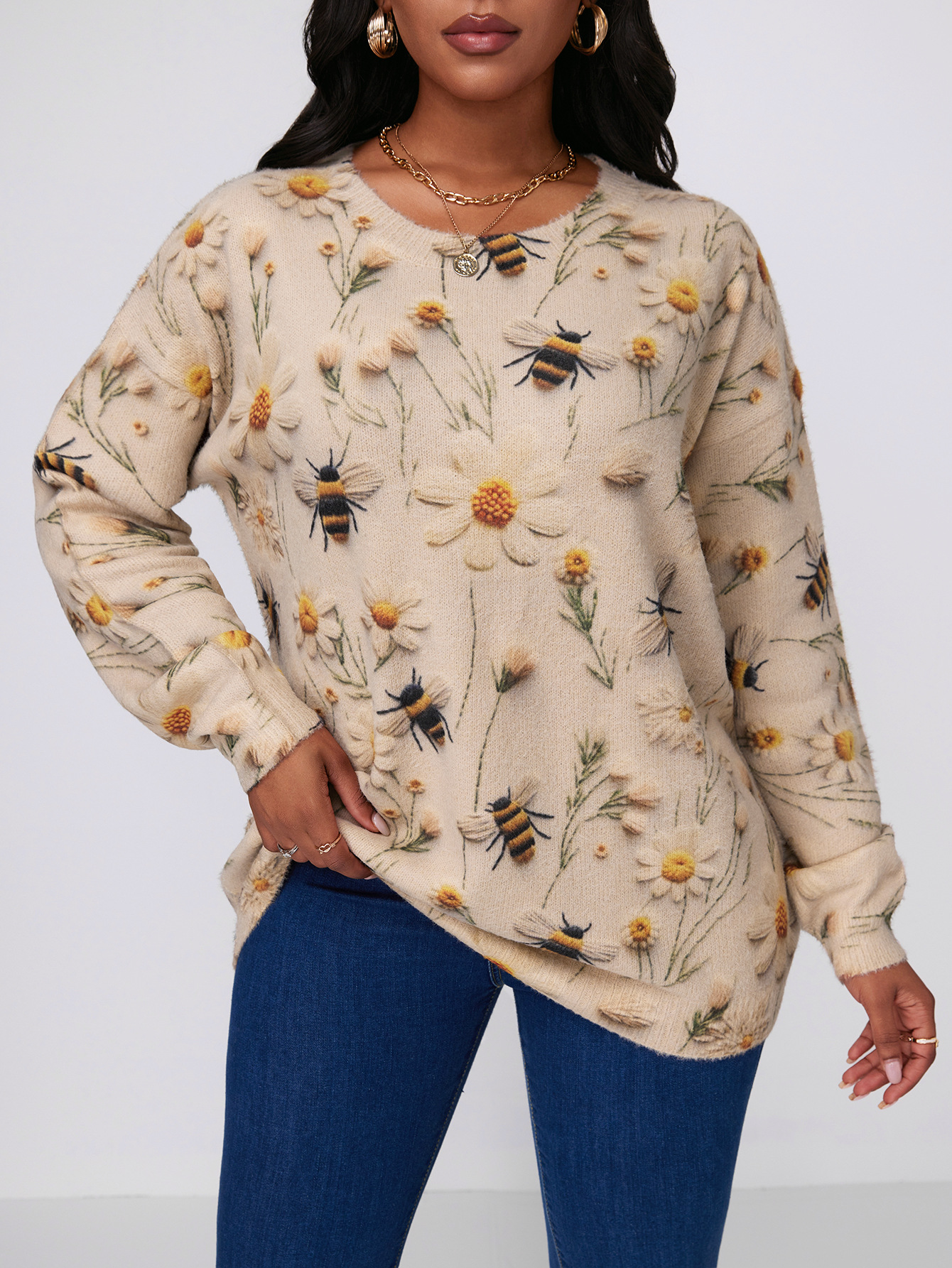 Amazon Autumn and Winter New Sweater Bee Printed plus size Women's Top European and American Cross-border Autumn Casual Loose Shirt