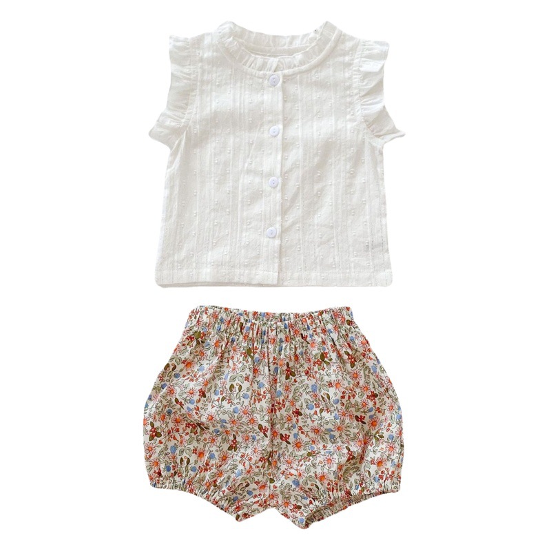 2025 Summer Ins Infant and Toddler Small Fresh Flying Sleeve Buttoned Top + Small Floral Shorts 2-Piece Set for Baby Girls