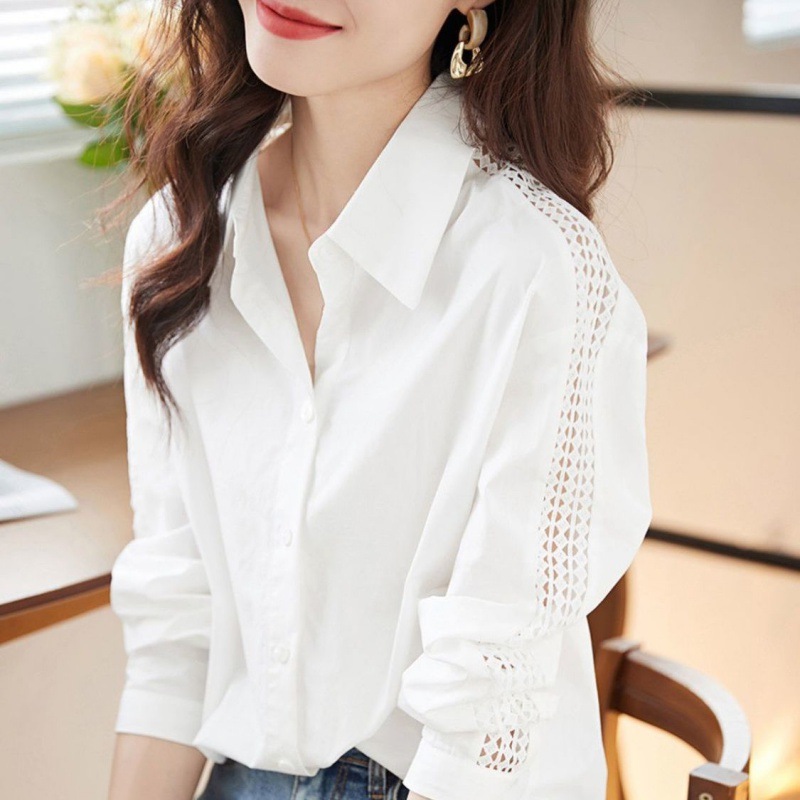 2024 New Niche Chic Shirt Spring and Autumn Temperament Shirt Sleeves Hollow Texture Commuting Easiest for Match White Shirt for Women