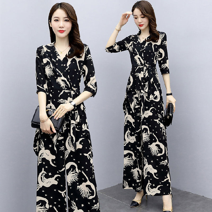 Chiffon suit 2023 new wide-leg pants women's summer casual trendy elegant slimming fashionable two-piece suit