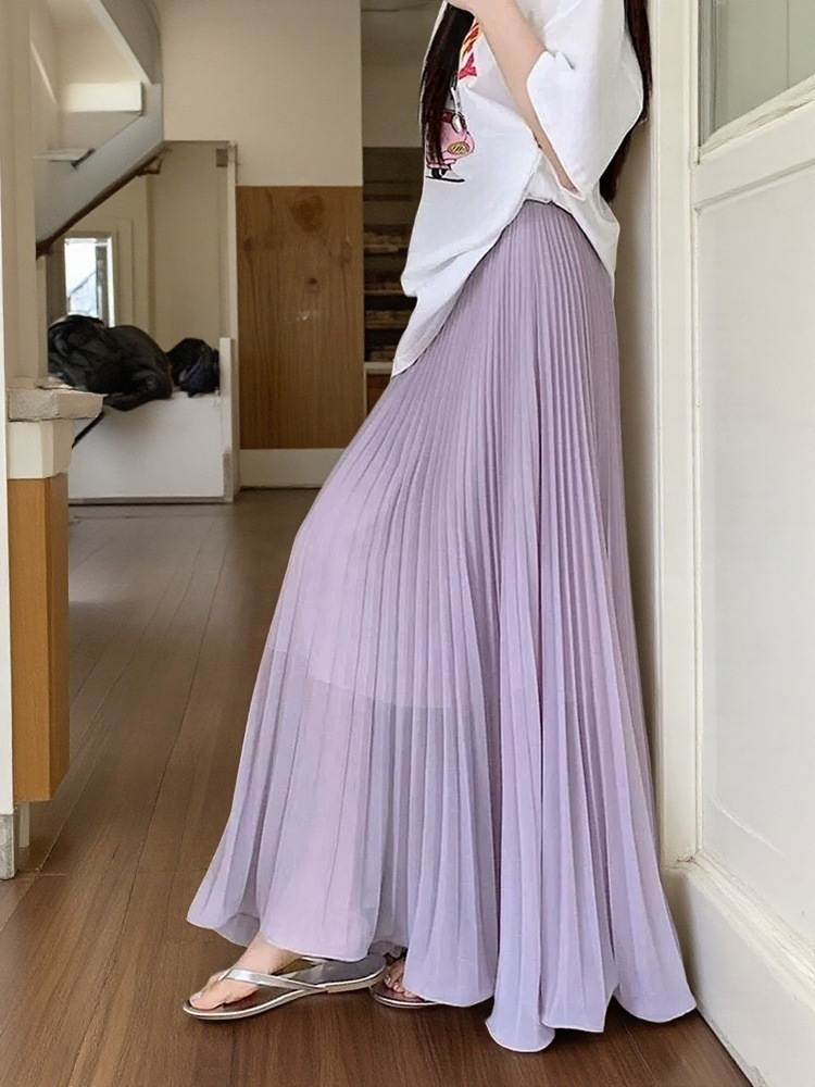 Cross-Border Elegant Chiffon Pleated Skirt New High-Waist Slim A-Line Mid-Length Skirt for Women