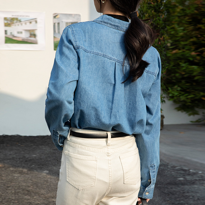 Picture of Denim Shirt Women's Inner Wear Spring New Design Sense Blue Jacket Wide Loose Shoulder Stacked French Shirt Long Sleeve