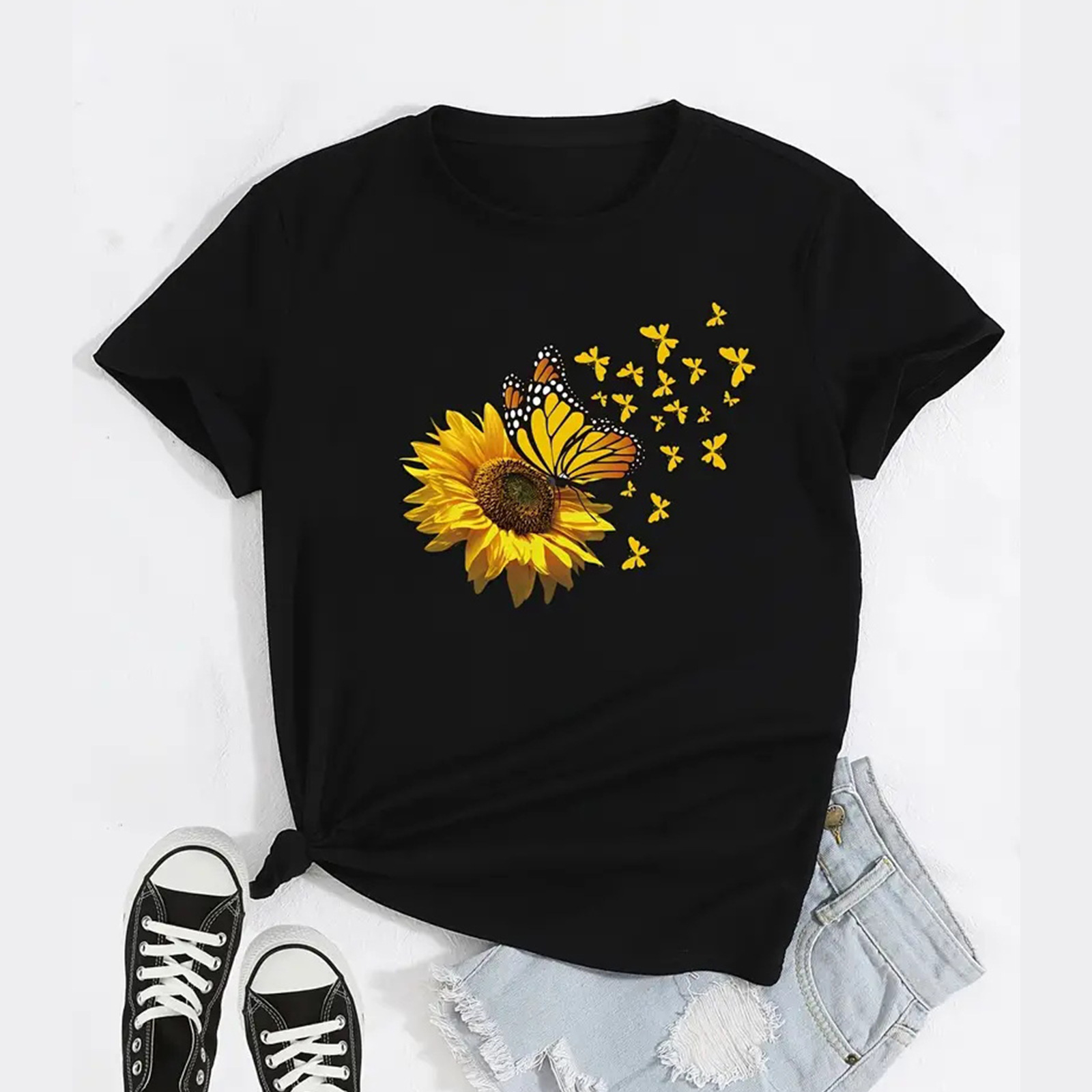 Cross-border Supply of New Spring Sunflower Butterfly Printed Loose Pullover Round Neck Short Sleeve T-shirt for Women