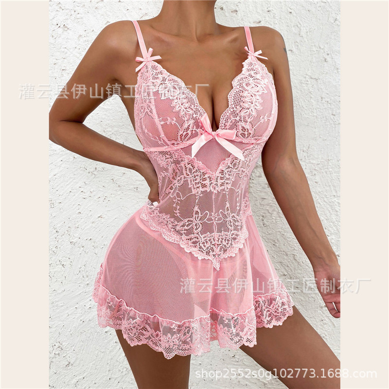Picture of Summer Popular European and American Sexy Pajamas Cross-Border Foreign Trade Large Size Mesh Lace Temptation Suspender Nightgown Women's Suit Sexy