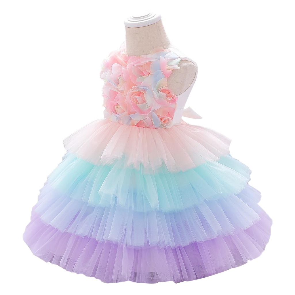 2025 European and American New Kidsren's Baby One-Year-Old Dress Flower Girl Flower Fluffy Cake Dress Wedding Dress Girl Princess Dress