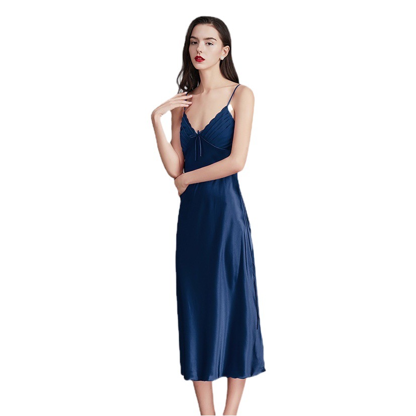 Yaoting Cross-Border Suspender Pajamas for Women Summer Ice Silk Sexy Slit Long Nightgown Bow Home Wear Cq311