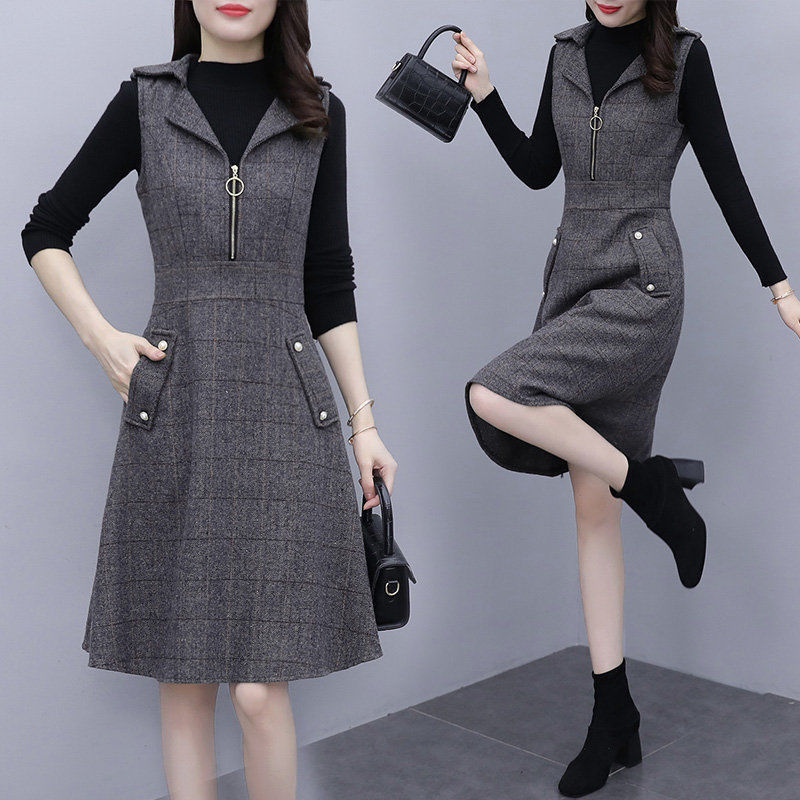 Picture of Single Piece/suit Vest Dress Women's Autumn and Winter Wool Plaid Sleeveless dress Outer Wear Slimming Mid-length A- line Dress