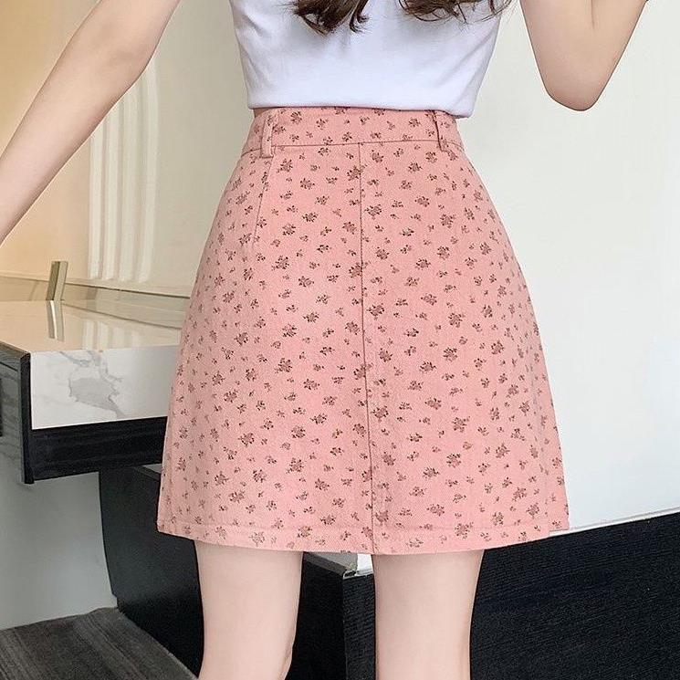 Korean Style Gentle Style Small Floral Denim Skirt Spring and Summer High Waist Slimming Look Anti-exposure Slim Hip-hugging A-line Skirt
