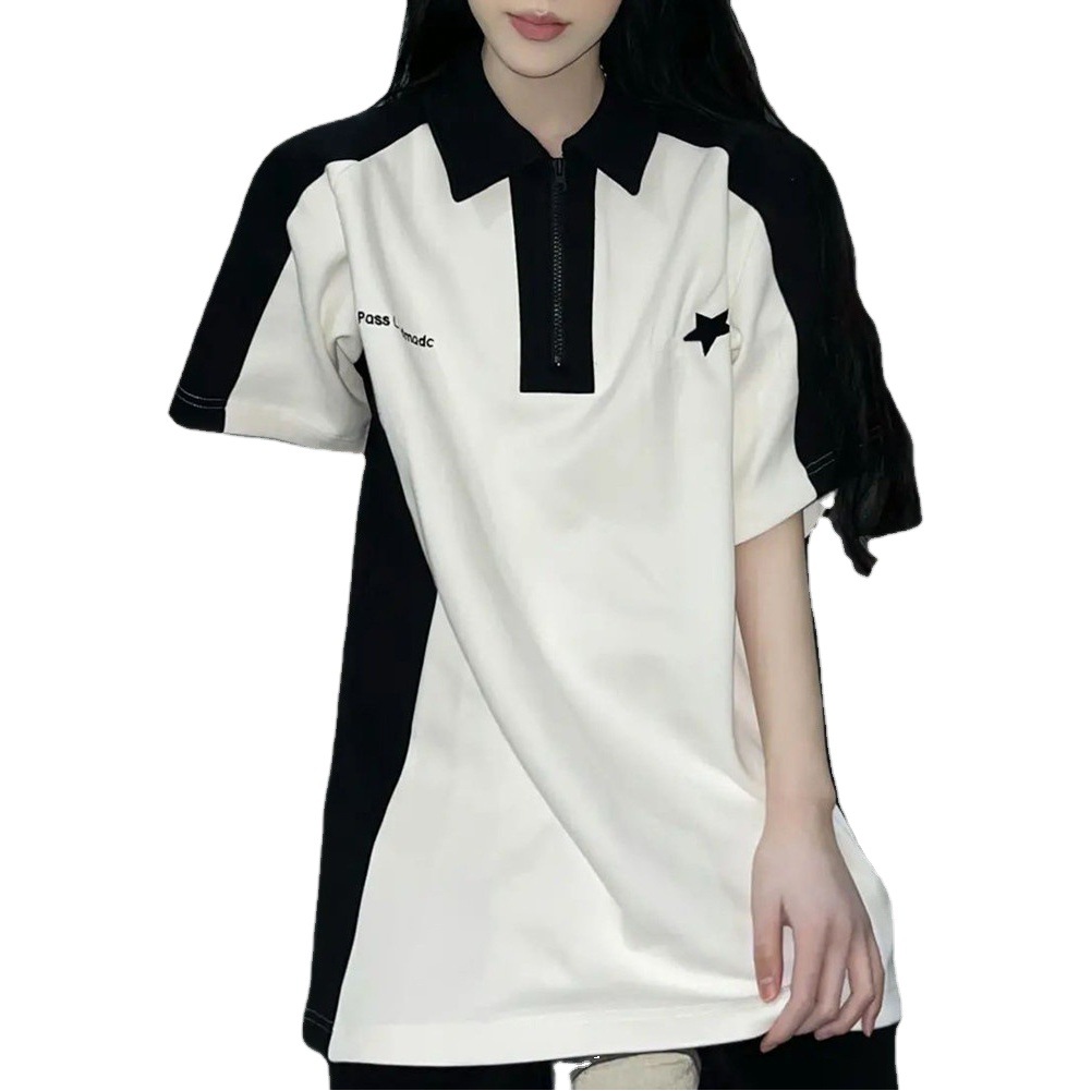 American Style Retro Short-sleeved T-shirt Women's Summer Contrast Color Stitching Lapel Trendy Brand All-match Top Half-sleeved Casual T-shirt ins