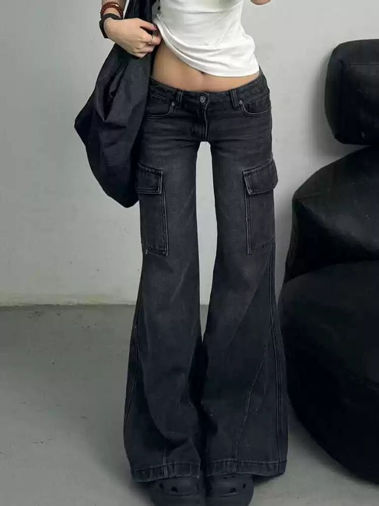American-style Retro Pocket Flared Jeans Women's High Street Loose No-leg Micro-Denim Trousers Ins Trendy