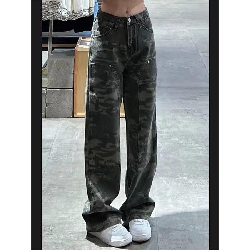 Camouflage Overalls for Girls in Spring and Summer, Mid-Waist, Loose, Slimming, Pear-Shaped Figure, Wide-Leg Jeans, Casual and Versatile