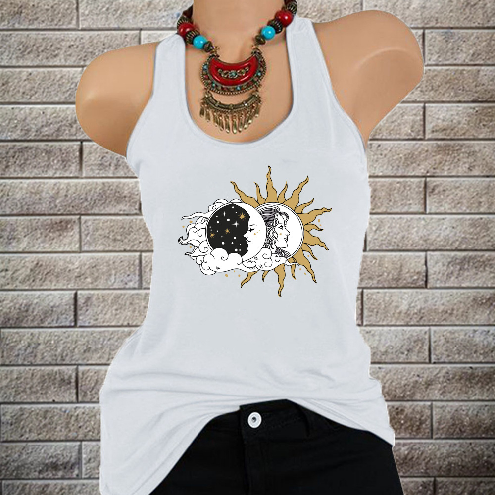 2021 Summer Cross-border European and American Women's shirt Loose Round Neck Vest Creative Pattern Printed Camisole