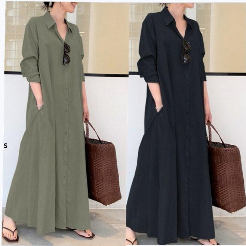 2022 new European and American style solid color lapel long sleeve pocket simple loose casual long shirt dress