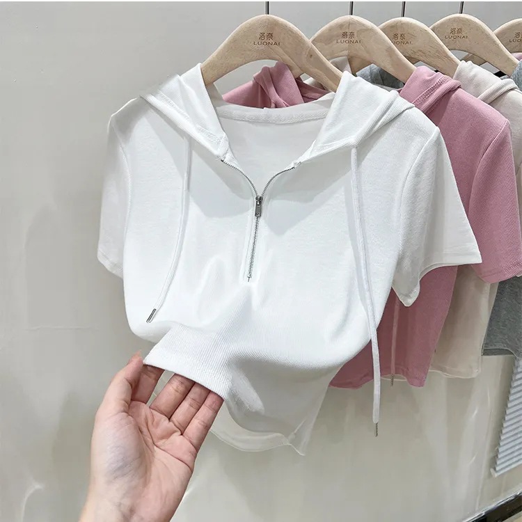 Hooded slim fit T-shirt short sleeve women's double zipper design chic summer 2024 new coat short top women's