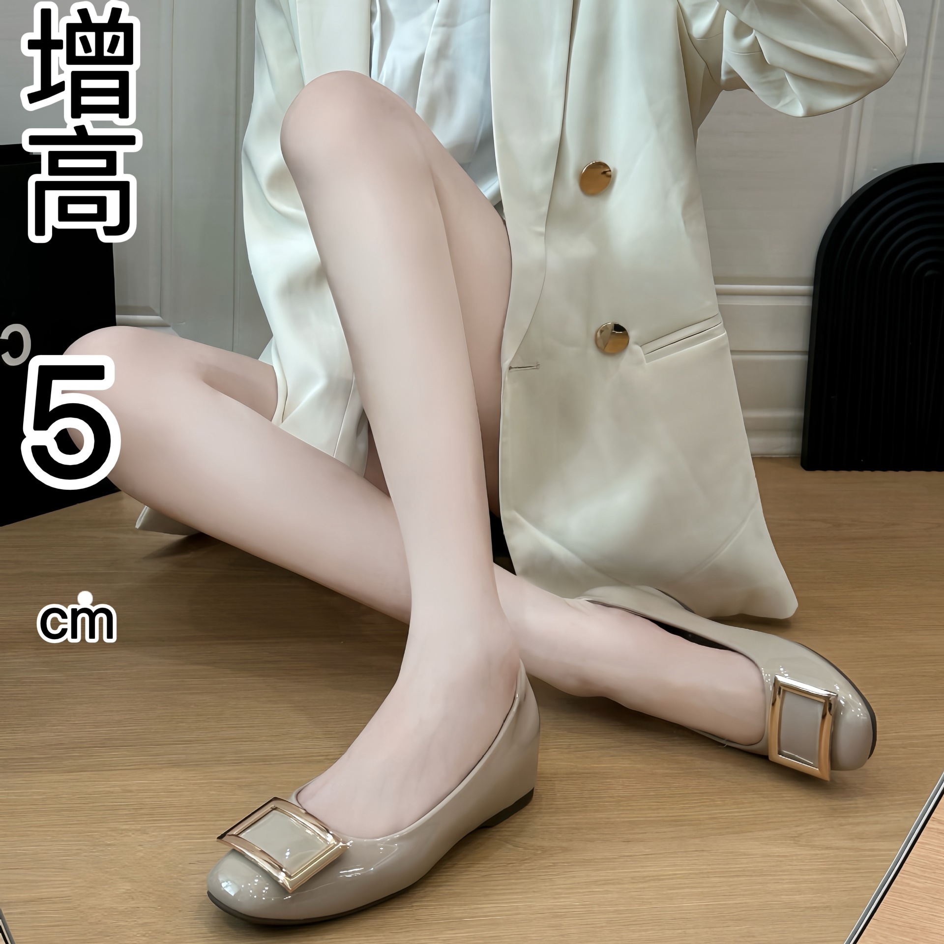 Elephant gray patent leather ~ classic square buckle temperament shallow mouth increased commuter Joker shoes women