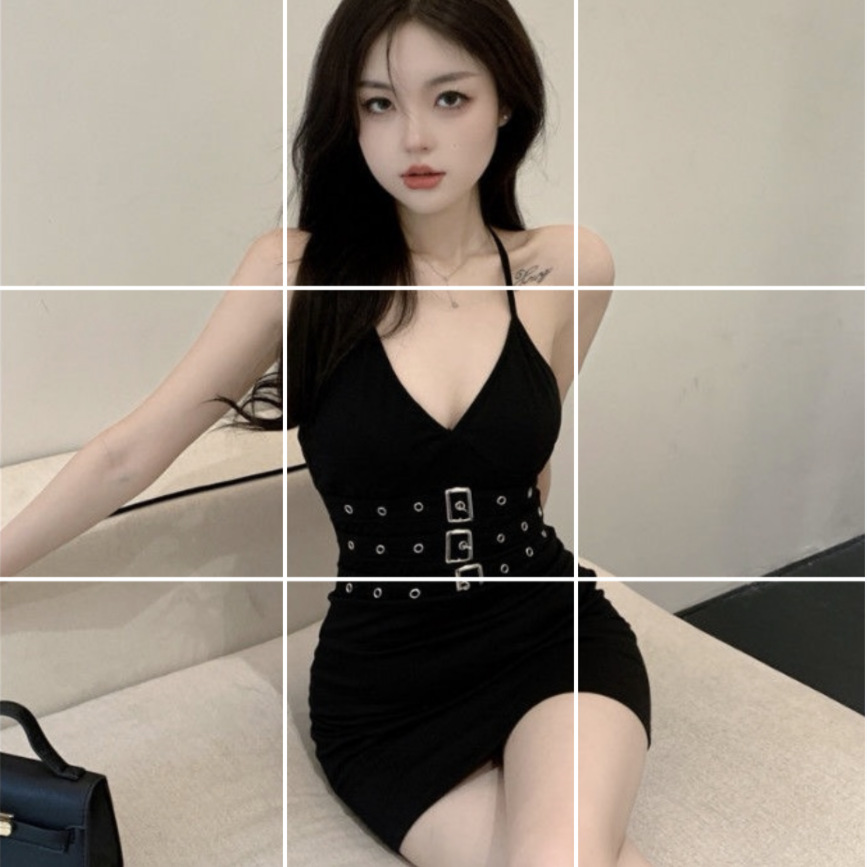 Picture of Summer Metal Buckle Neck Design Sense Dress Women's Sexy Backless Hip Skirt 8788 Three-Row Nail Black Skirt
