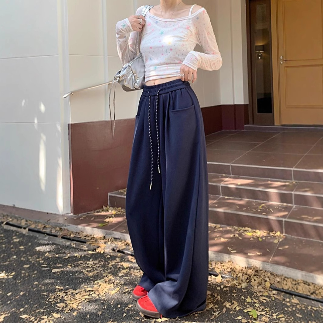 Foreign trade casual pants women's elastic waist drawstring wide leg pants early autumn loose slim pants straight pants