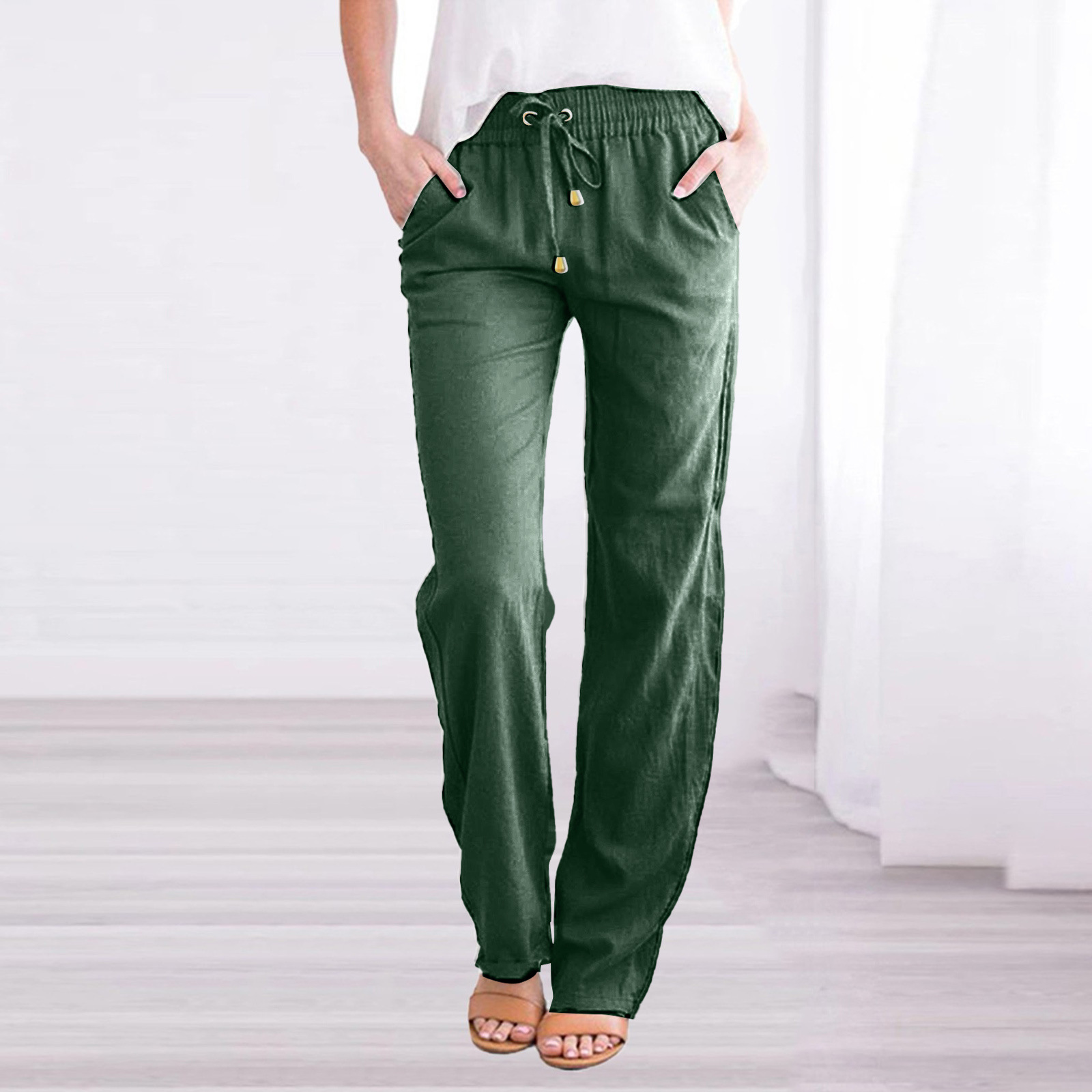 Picture of 2025 Cross-Border Ebay Amazon Wish Spring and Summer New Pure Color Cotton and Linen Loose Drawstring Casual Wide-Leg Pants for Women
