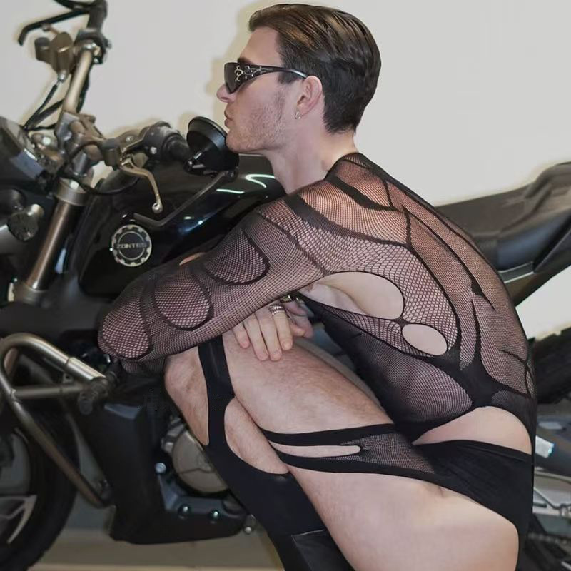European and American Men's Sexy Fishnet Stockings Sexy Hollow Jumpsuit Open Crotch