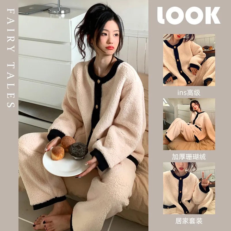 Autumn and Winter Women's Flannel Pajamas Long Sleeve Thickened Warm Coral Fleece Plush Cute Home Clothes suit
