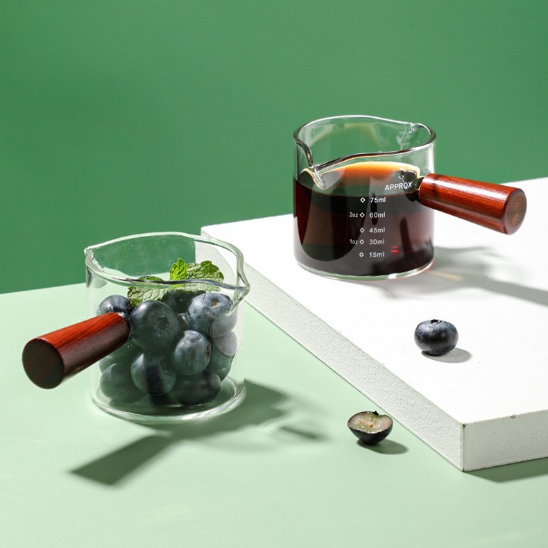 Picture of Wooden handle glass small Milk Cup espresso cup scale measuring cup double mouth sharing pot latte cup Mini Milk Jar