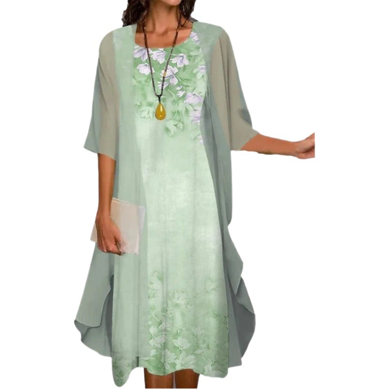 2024 European and American Amazon Summer Women's Casual dress Two-Piece Flower-Print Round Neck Slim-Fit Dress Women