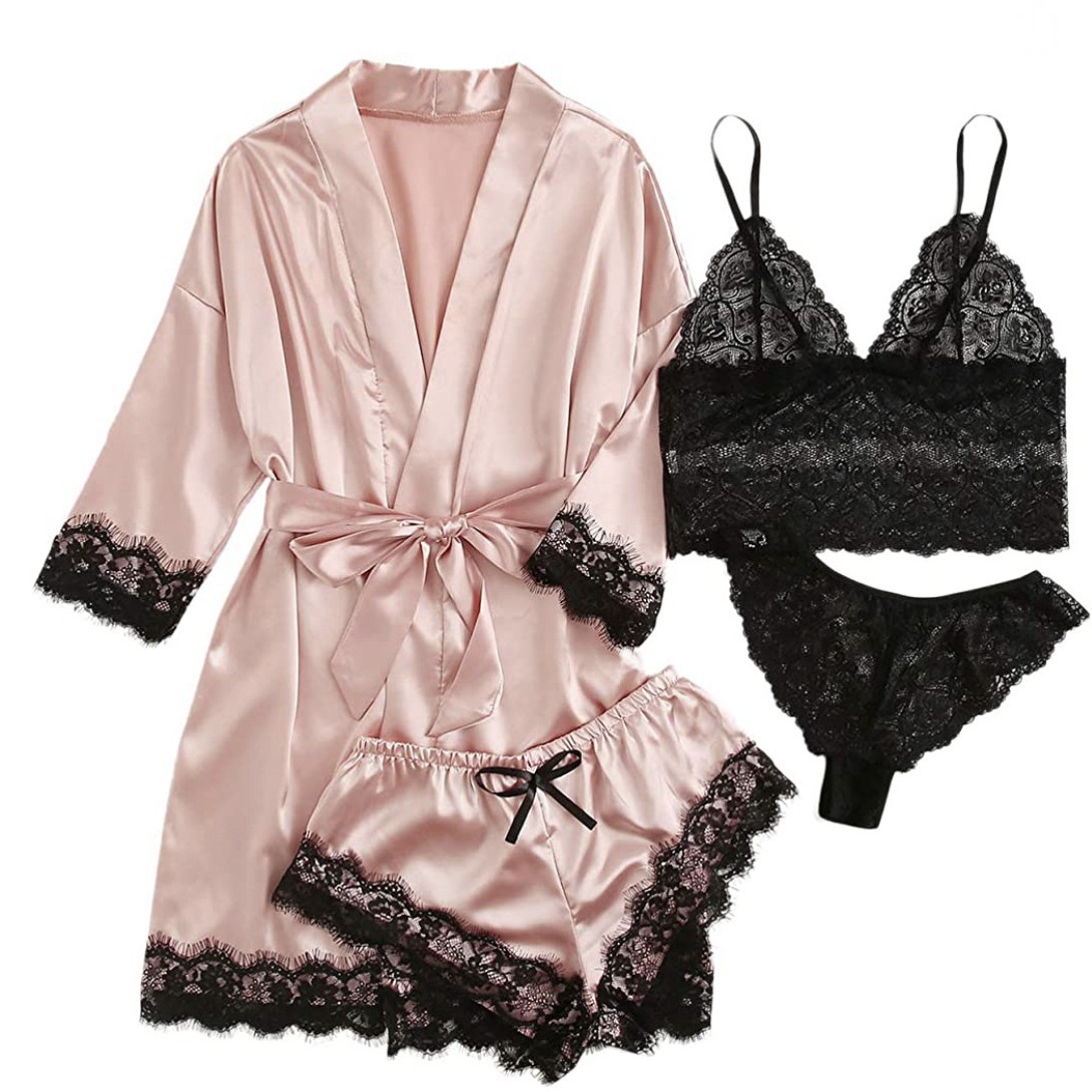 New European and American Women's Pajamas 4-Piece Set Lace Satin Suspender Pajamas Women's Summer Suit with Nightgown Nightgown Wholesale