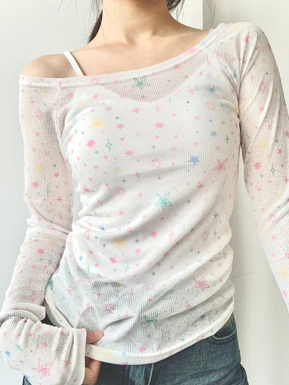 Picture of 2024 Spring and Summer New ins See-Through Design Long-sleeved Sun ProTecTion T-shirT Full-prinT One-line Collar Off-shoulder Sexy Top for Women