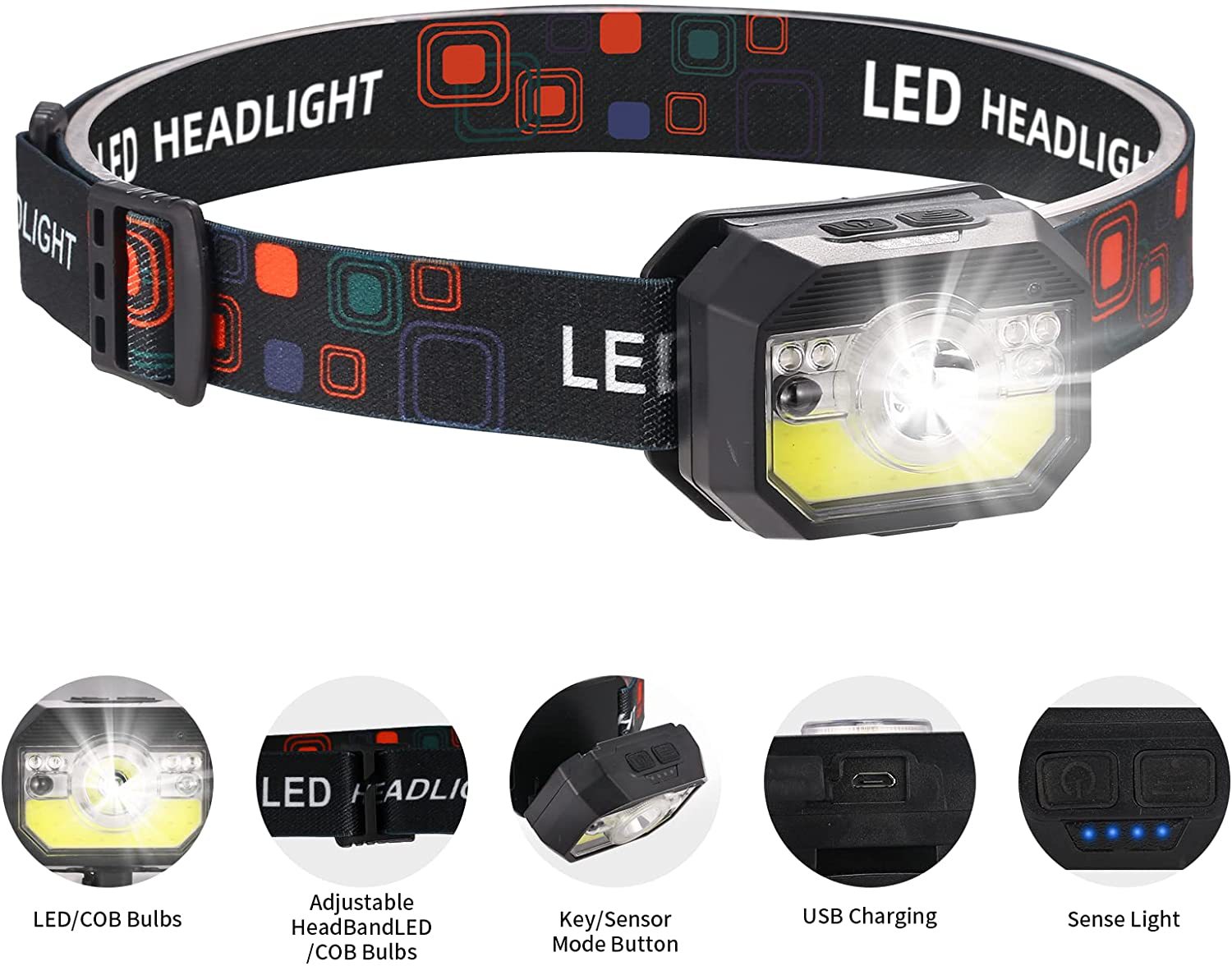 New LED strong light induction headlight multi-functional head-mounted flashlight USB charging lightweight night running small headlight