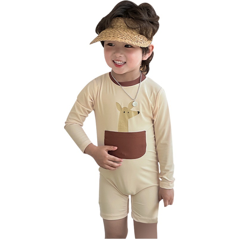 Children's One-piece Swimwear Boys' and Girls' Cartoon Swimwear Korean Children's Baby Long-sleeved Cute Kangaroo Pocket Swimwear