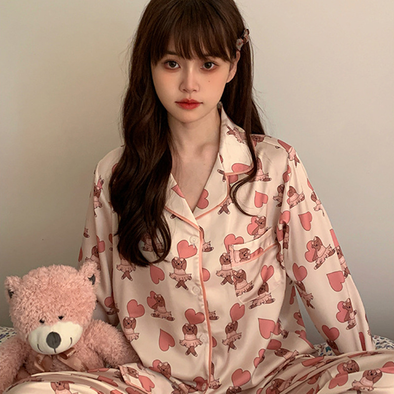 Ballet Bear Soft Cute Pajamas Women's Ice Silk Long Sleeve Korean Cute Girls Pajamas Can Be Weared Outside Home Clothes