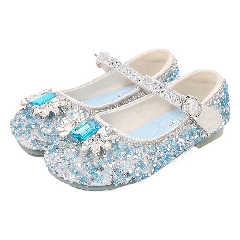 Girls' Crystal Leather Shoes 2024 New Korean Style Rhinestone Fashion Princess Elsa Children's Little Girls Performance Shoes