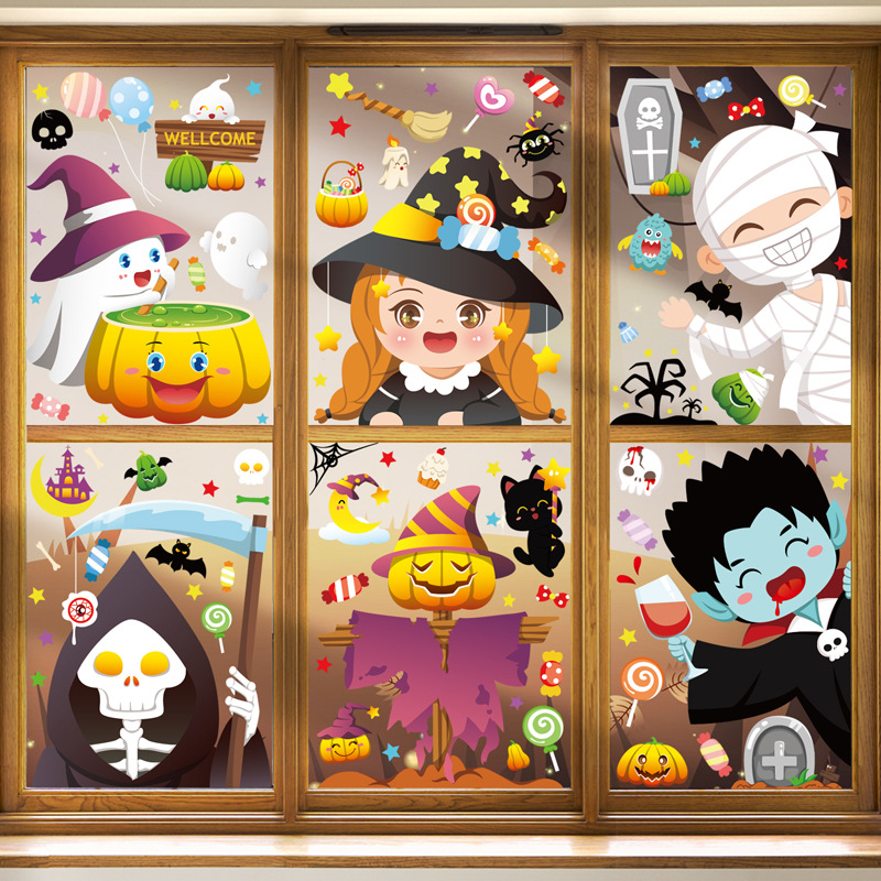 Halloween Decorative Pumpkin Stickers Cute Cartoon Death Pumpkin Skull Electrostatic Stickers Halloween Party Supplies