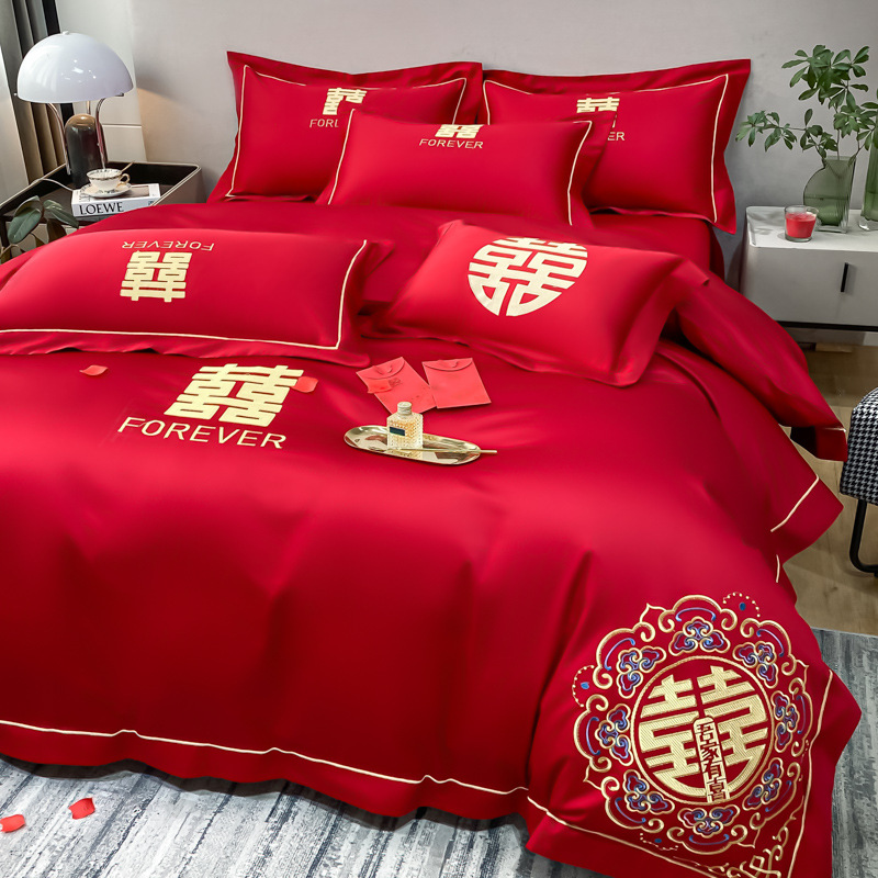 Picture of High-end European-style Wedding Four-piece Cotton Big Red Embroidered Sanding Quilt Cover Wedding Bedding Accompanying Wedding Room