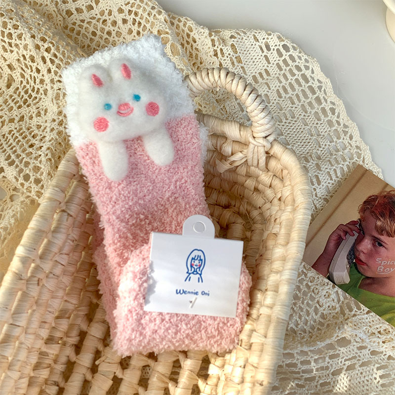 Picture of Cute Coral Fleece Socks Women's Three-dimensional Cartoon Doll Winter fleece-lined Thickened Warm Postpartum Home Sleep Socks