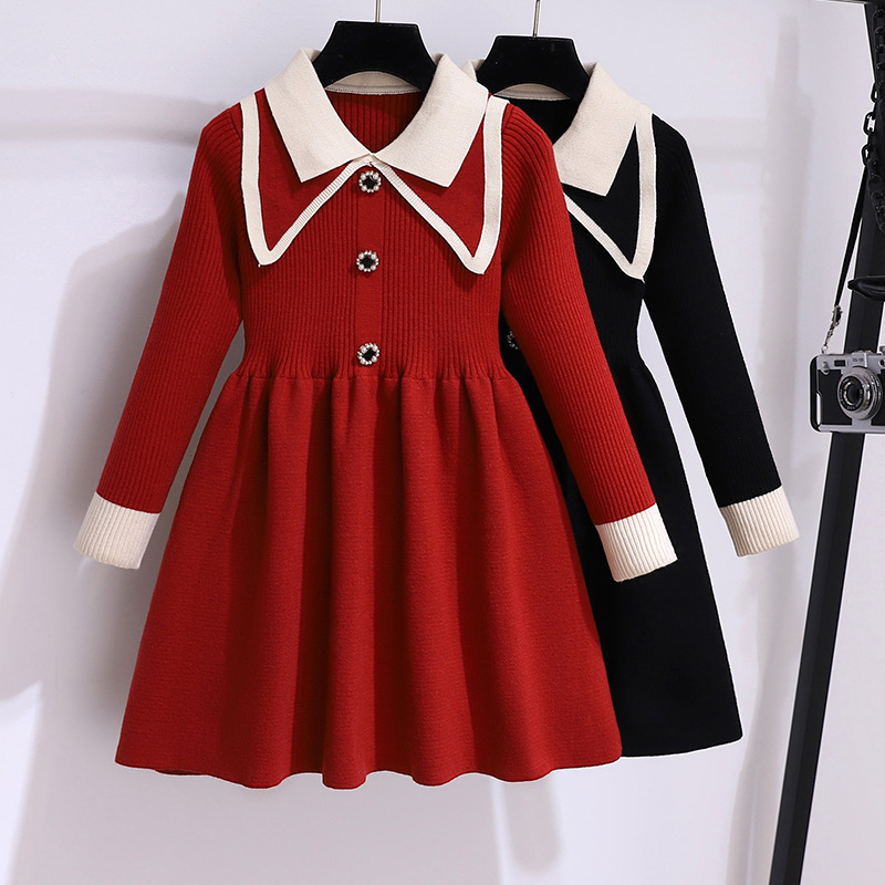 Girls' dress Autumn and Winter Sweater Princess Dress Spring and Autumn New Children's New Year's Red New Year Knitted Dress