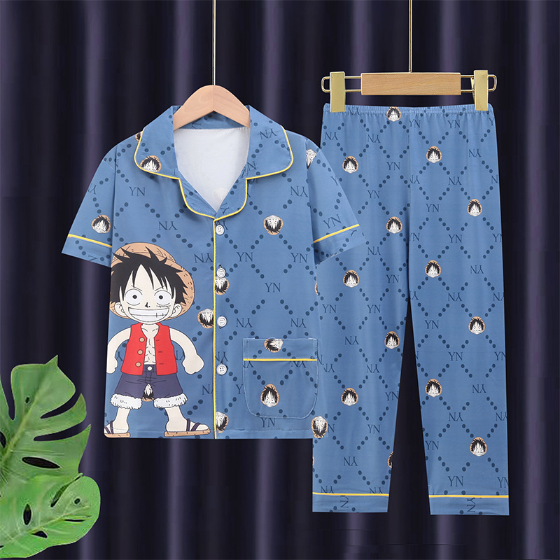 Picture of Children's pajamas men's medium and large children's short-sleeved trousers cardigan summer air conditioning clothes boys' cartoon homewear suit outer wear
