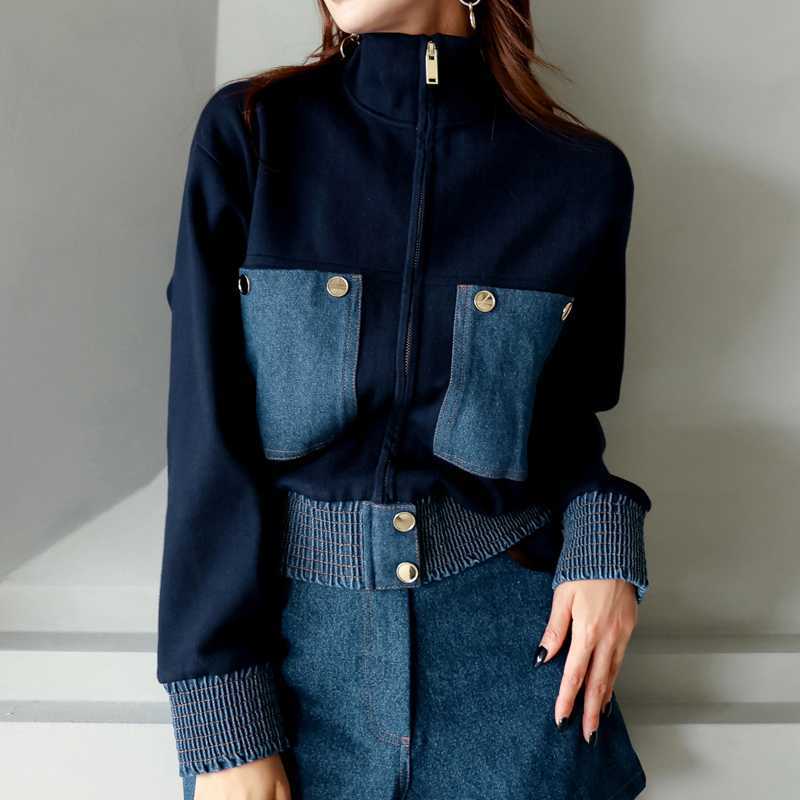 Retro and Elegant Korean Zipper Short Outwear, Denim Splicing Knitted Baseball Uniform, Korean Style Jacket