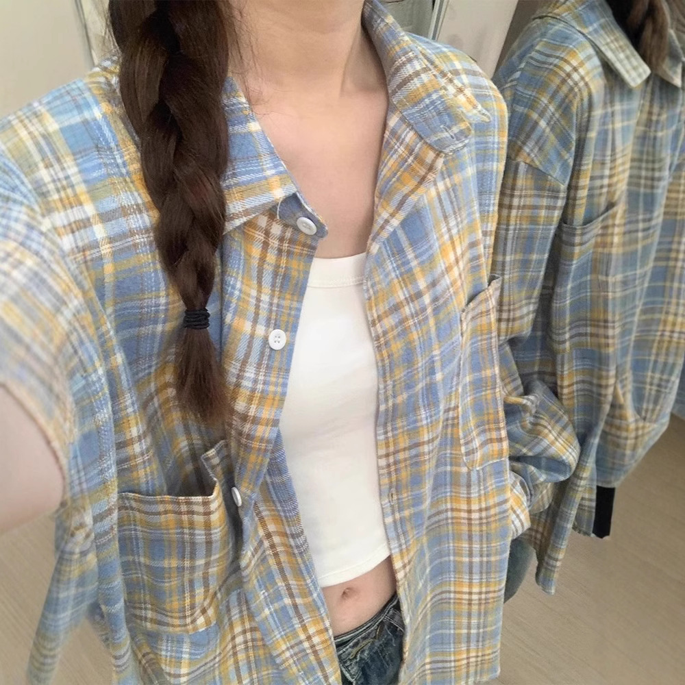 American Retro Yellow Blue Plaid Long-Sleeved Shirt for Women 2025 Autum Loose Casual Bm Shirt Jacket