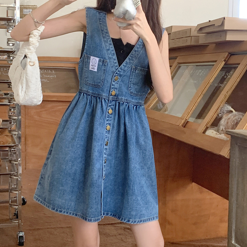 2023 Summer New Denim Sleeveless dress Retro Hong Kong Style V-Neck Vest Slip Skirt
