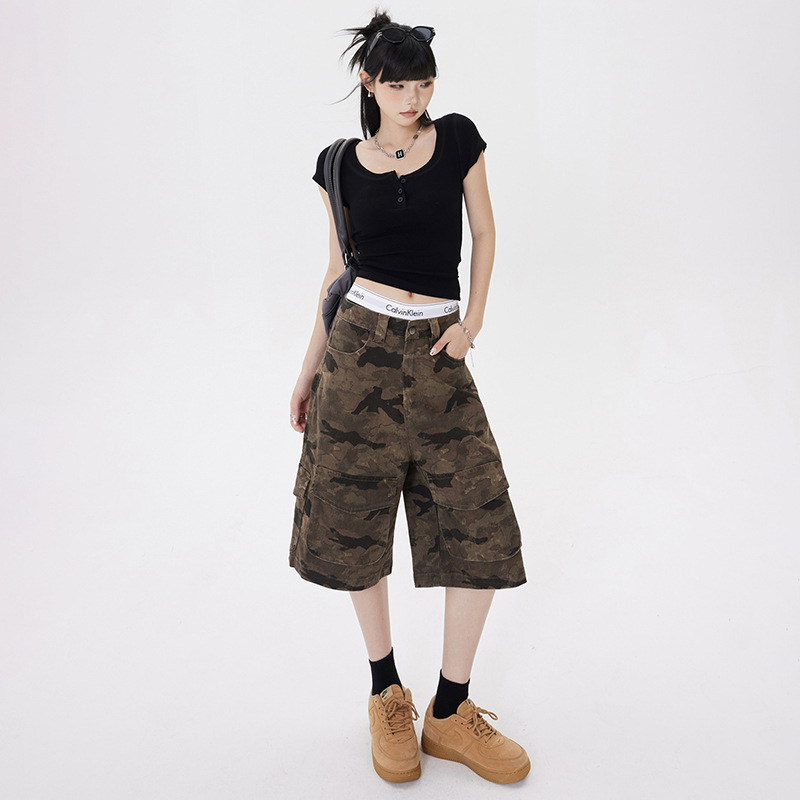 YC & American retro high waist wide leg pants camouflage pants multi-pocket overalls versatile straight jeans women