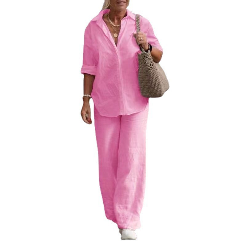 Picture of European and American Cross-Border Women's Two-Piece Set for Women 2024 Lapel Long-Sleeved Shirt Spring and Autum Casual Pure Color Pants Wide-Leg Suit